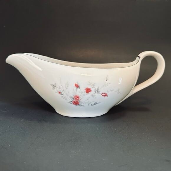 Arita ART25 Gravy Boat Pink Roses Gray Leaves Platinum Trim VTG - Picture 1 of 14